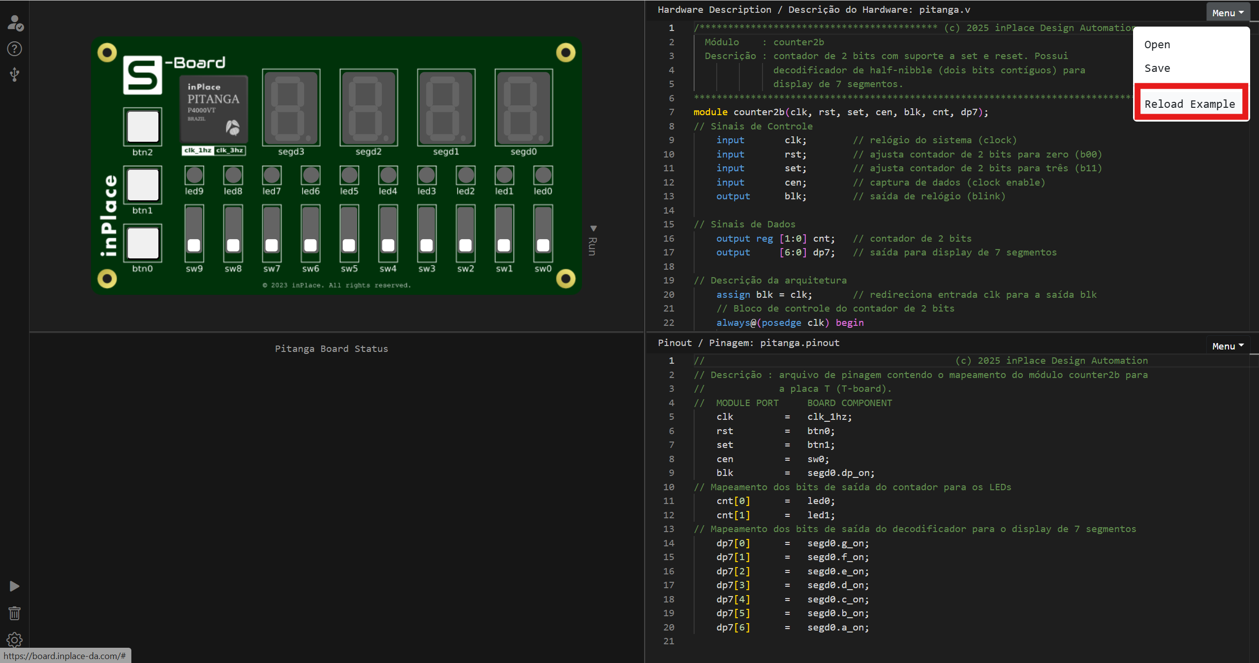 Carregando exemplo de código em Verilog funcional na Pitanga Web.