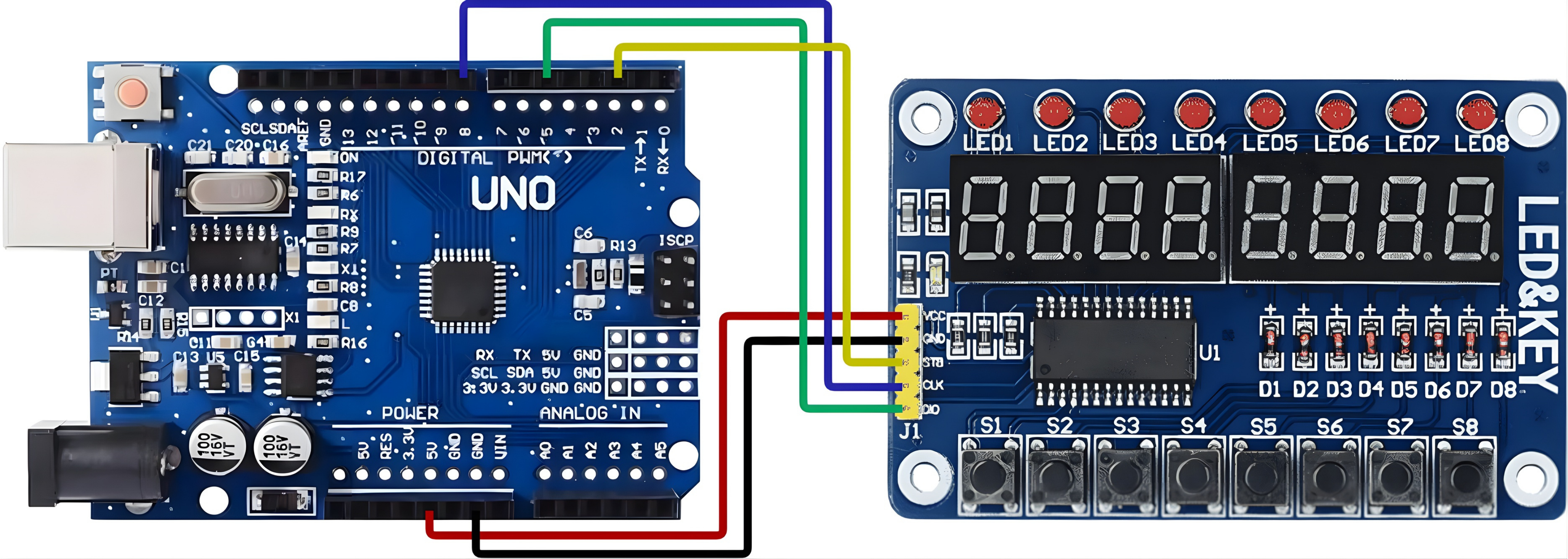 Esquema de conexões entre a placa Arduino Uno Rev3 e o módulo TM1638.