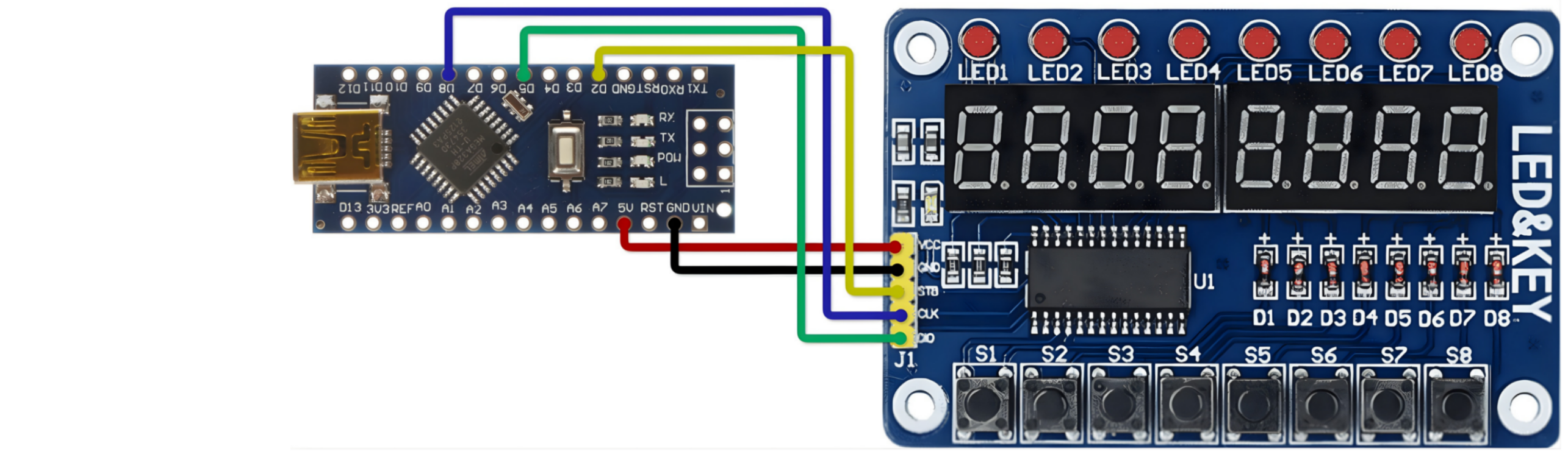 Esquema de conexões entre a placa Arduino Nano e o módulo TM1638.