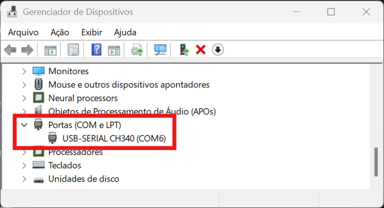 Portas (COM e LPT) identificadas em um sistema Windows.