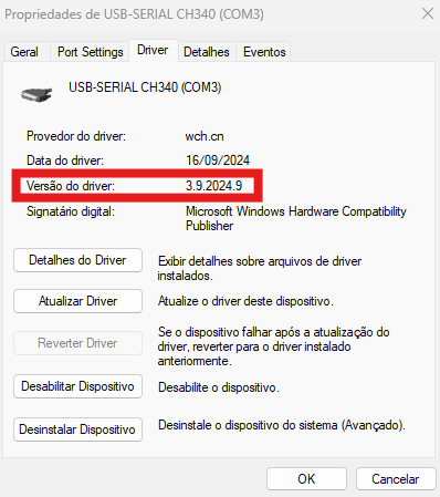 Versão de driver incompatível com placas Arduino Uno Rev3 SMD antigas no Windows 11.