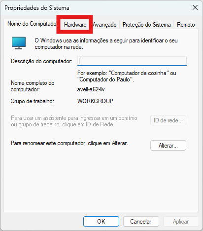 Janela de Propriedades do Sistema no Windows 11.